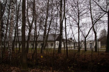DACHAU, GERMANY - 25 Kasım 2017: Sonbaharın sonlarında Dachau toplama kampı anıtı alanındaki binalara doğru çıplak ağaçlara doğru bakın. Yüksek kalite fotoğraf