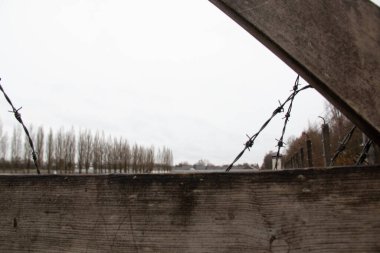 Dachau, Almanya - 25 Kasım 2017: Dachau toplama kampı anıtındaki beton duvar ve dikenli tellerin çapraz perspektifi. Yüksek kalite fotoğraf