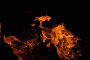 İzole olmuş alevler, dinamik ateş şekilleriyle siyah zemin üzerinde yükseliyor. Yüksek kalite fotoğraf