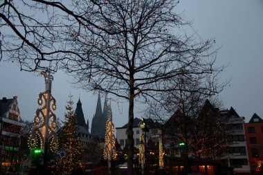 COLOGNE, Almanya - 29 Aralık 2017: Heumarkt Meydanı 'ndaki Noel ışıkları ve ağaçlarının arkasındaki Köln Katedrali manzarası. Yüksek kalite fotoğraf