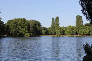 MUNICH, GERMANY - 24 Haziran 2025: İngiliz Bahçesi 'nde açık mavi bir gökyüzünün altında yemyeşil ağaçlarla çevrili sakin göl. Yüksek kalite fotoğraf