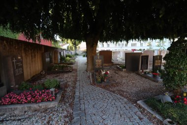 WASSERBURG AM Hanı, GERMANY - 20 Haziran 2025 Wasserburg am Inn 'deki büyük bir ağacın altında mezarlığın kaldırım taşı yolu, mezar taşı ve çiçek tarlaları olan gölgeli alanı. Yüksek kalite fotoğraf