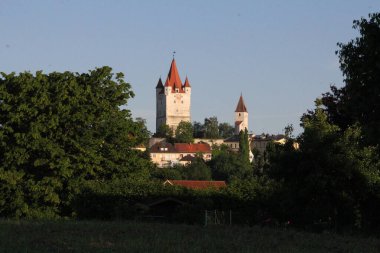 HAAG OBERBAYERN, ALMANY - 31 Mayıs 2025: Haag Kalesi 'nin ikonik kırmızı çatılı kuleleri açık bir sabahta ağaçların tepesinde beliriyor. Yüksek kaliteli illüstrasyon
