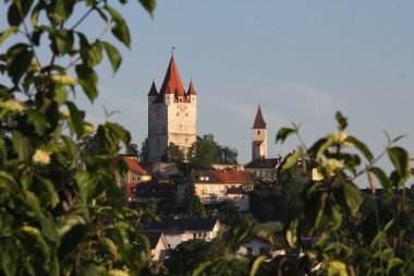 HAAG OBERBAYERN, ALMANY - 31 Mayıs 2025: Düşük bir noktadan yeşil kuleler çerçeveli Haag Kalesi 'nin sabah görüşü. Yüksek kalite fotoğraf