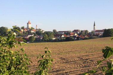 HAAG OBERBAYERN, GERMANY - 31 Mayıs 2025: Oberbayern 'deki Haag' ın köy çatılarının üzerindeki kale ve kilise kuleleriyle manzarası, önlerinde yeşil çalılar olan tarlalar boyunca görüldü. Yüksek