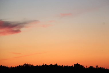 Wasserburg am Inn 'deki Schoene Aussicht' te, orman siluetinin üzerinde turuncu ve pembe bulutlarla renklendirilmiş günbatımı gökyüzü. Yüksek kalite fotoğraf