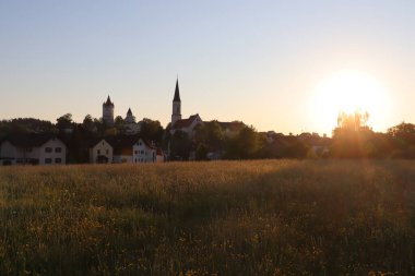 HAAG, GERMANY - 13 Mayıs 2025: Oberbayern 'deki kilise kuleleri ve geleneksel Haag binalarının günbatımında yabani bir çiçek çayırından görülmesi. Yüksek kalite fotoğraf