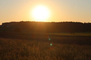 WASSERBURG AM Hanı, GERMANY - 13 Mayıs 2025: Wasserburg am Inn 'in arka planında orman tepeleri olan otlak bir arazide altın gün batımı. Yüksek kalite fotoğraf