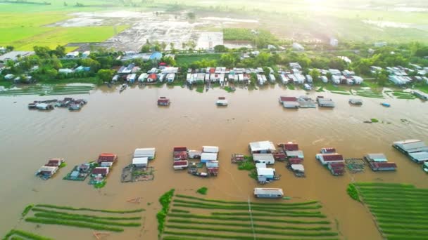 Pływająca Wioska Wzdłuż Rzeki Hau Nad Obszarem Przygranicznym Wietnamu Widok — Wideo stockowe