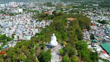 Aerial view big white Buddha in Long Son pagoda in Nha Trang, Vietnam in a summer day