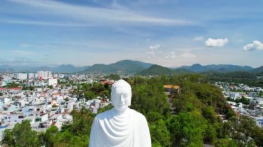 Aerial view big white Buddha in Long Son pagoda in Nha Trang, Vietnam in a summer day