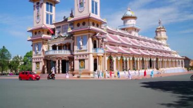 Tay Ninh, Vietnam - January 1th, 2022: Architecture outside holy temple was built in 1926, this is center of church tower officially a tourists to visit and admire in Tay Ninh, Vietnam