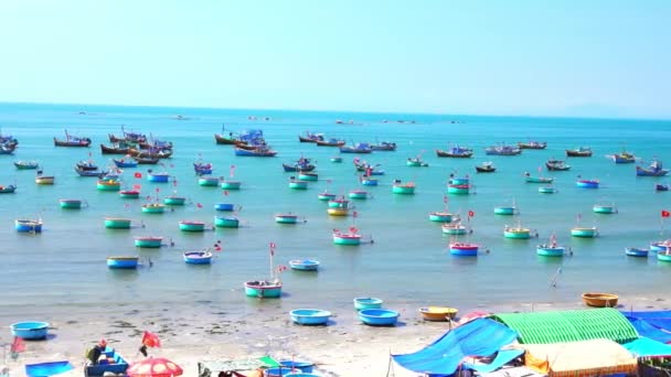 Fishing Village Mui Vietnam Hundreds Boats Anchored Sunny Moring Bay — Vídeos de Stock