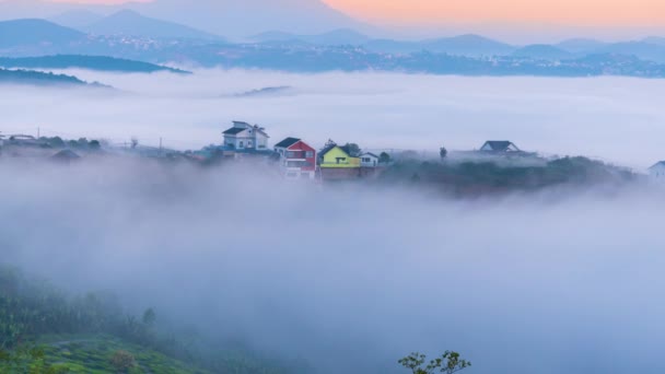 Time Lapse Night Dawn Scene Hillside Small Town Fog Shrouded — Video