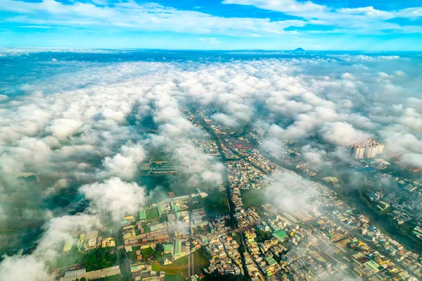Luchtfoto Van Saigon Stadsgezicht Ochtend Met Mistige Lucht Zuid Vietnam — Stockfoto