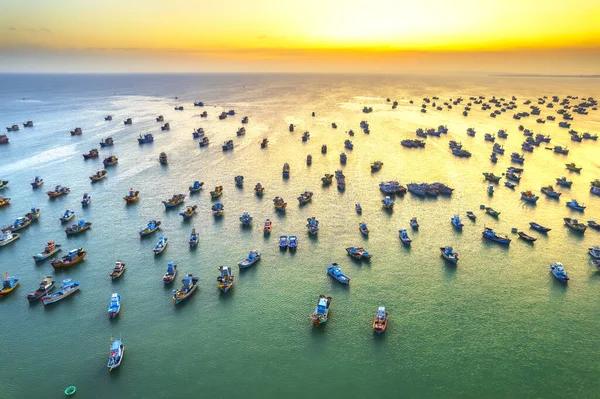 Aerial View Mui Fishing Village Sunset Sky Hundreds Boats Anchored — Stock Photo, Image
