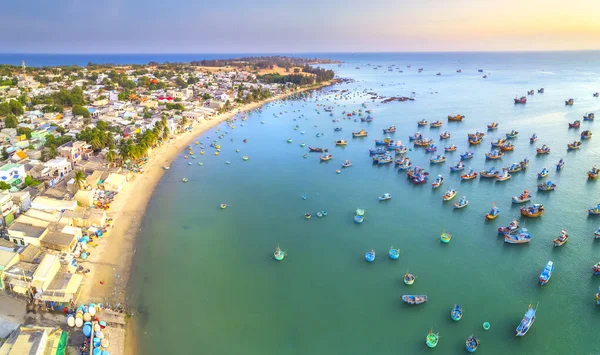 stock image Aerial view of Mui Ne fishing village in the morning with hundreds of boats anchored to avoid storms, this is a beautiful bay in central Vietnam