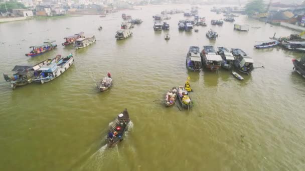 蔡亮漂浮市场 空中观景 蔡蓉是越南梅孔三角洲著名的市场 — 图库视频影像