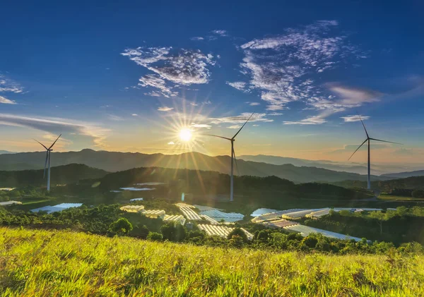 Wind Turbines Top Hill Morning Clean Energy Source Does Pollute — Stockfoto
