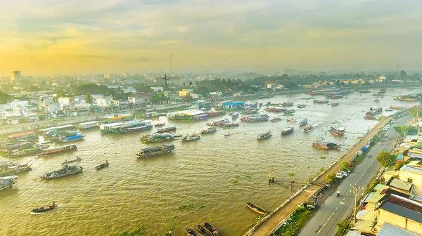 Cai Rang Floating Market Can Tho Vietnam Aerial View Sunrise — Stock Photo, Image