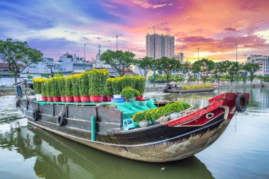 Ho Chi Minh City, Vietnam - 18 Ocak 2023: kanal iskelesi boyunca pazarda çiçek teknesi. Çiftçiler, Ho Chi Minh, Vietnam 'daki Ay Yeni Yılı' nda kayısı çiçeği ve diğer çiçekleri satıyor.