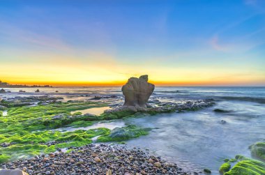 Rocky plajı ve yeşil yosunlar gündoğumunda gökyüzünde Orta Vietnam 'da güzel bir plajda. Vietnam 'ın deniz manzarası Tuhaf kayalar.