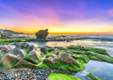 Rocky plajı ve yeşil yosunlar gündoğumunda gökyüzünde Orta Vietnam 'da güzel bir plajda. Vietnam 'ın deniz manzarası Tuhaf kayalar.