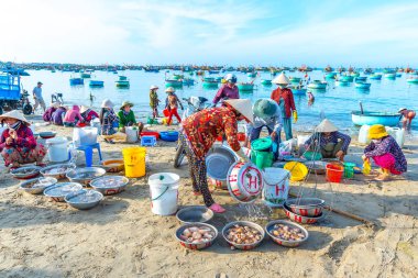 Phan Thiet, Vietnam - 12 Şubat 2023: Balık pazarı deniz manzarası insanlar sepette balık satışı için toplandı, kürek çeken balıkçılar Phan Thiet, Vietnam 'da bir balıkçı köyü getirdiler