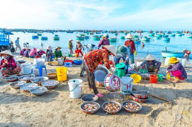 Phan Thiet, Vietnam - February 12th, 2023: Fish market session seas scene people gathered inside basket fish sale, strenuous rowing fishermen brought ashore fishing village in Phan Thiet, Vietnam clipart