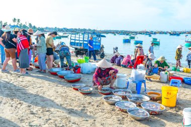 Phan Thiet, Vietnam - 12 Şubat 2023: Balık pazarı deniz manzarası insanlar sepette balık satışı için toplandı, kürek çeken balıkçılar Phan Thiet, Vietnam 'da bir balıkçı köyü getirdiler