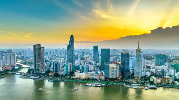 stock image Ho Chi Minh city, Vietnam - August 7th, 2023: Aerial view from drone of a Ho Chi Minh city with development buildings, transportation, energy infrastructure. Financial and business centers in Vietnam.