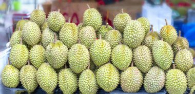 Durian meyveleri pazarda satılıyor, Vietnam meyveleri, Cai Lay bölgesinden, Tien Giang