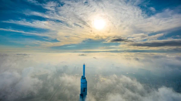 Luchtfoto Van Chi Minh Futuristische Wolkenkrabber Stedelijke Skyline Een Mistige — Stockfoto