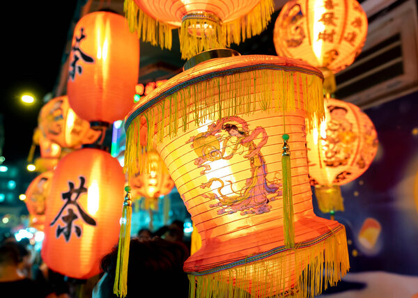 Ho Chi Minh City, Vietnam - September 22nd, 2023: Colorful tradition lantern at chinatown market. Many kind of Chinese lanterns hanging on street market in mid autumn festival.