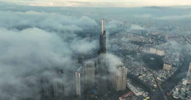 Aerial View Top Tallest Skyscraper Chi Minh City Foggy Winter — Stock Video