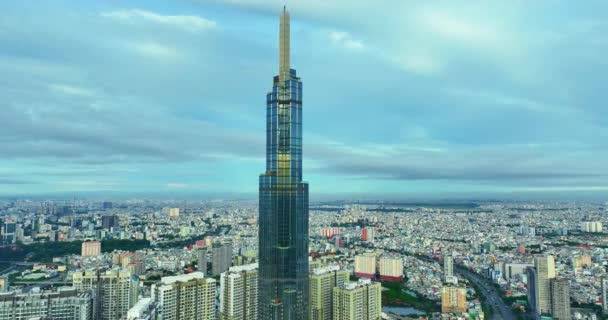 Luchtfoto Van Chi Minh Futuristische Wolkenkrabber Stedelijke Skyline Een Winterdag — Stockvideo