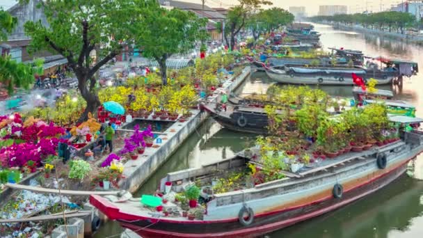 越南胡志明市 2022年1月31日 在越南胡志明市的花市 当地居民为了装饰而在农历新年期间购买鲜花 时光流逝 — 图库视频影像