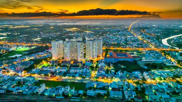 Flygfoto Över Saigon Stadsbild Kvällen Med Solnedgång Himlen Södra Vietnam — Stockfoto