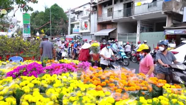 Хошимін Єтнам Січня 2023 Суєта Покупки Квітів Квітковому Ринку Місцеві — стокове відео
