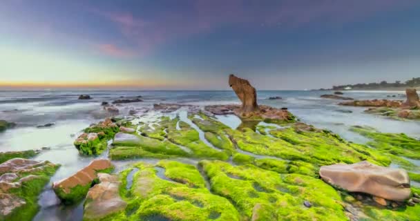 Tijdsverloop Van Rotsachtige Strand Groen Mos Zonsopgang Hemel Een Prachtig — Stockvideo
