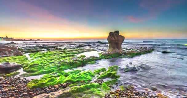 Time Lapse Rock Beach Green Moss Sunrise Sky Beautiful Beach — Αρχείο Βίντεο