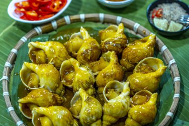 Steamed Spotted Babylon Blanching (Fresh Sea Babylonia Areolata Shell Boiled) served with passion fruit sauce goodtasty decorated with spices side view