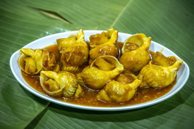 Steamed Spotted Babylon Blanching (Fresh Sea Babylonia Areolata Shell Boiled) served with passion fruit sauce goodtasty decorated with spices side view