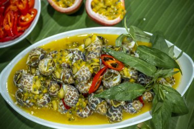 Steamed Spotted Babylon Blanching (Fresh Sea Babylonia Areolata Shell Boiled) served with passion fruit sauce goodtasty decorated with spices side view