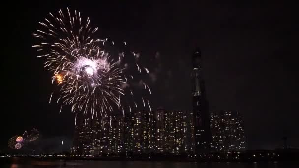 Fogos Artifício Coloridos Céu Brilhando Noite Lado Arranha Céu Área — Vídeo de Stock
