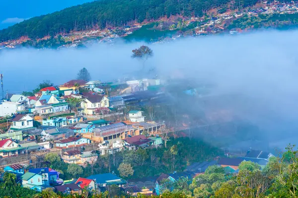 Poranne Krajobrazy Dolinie Lat Wietnam Pokryte Mgłą Wschodzie Słońca Tło Obrazek Stockowy
