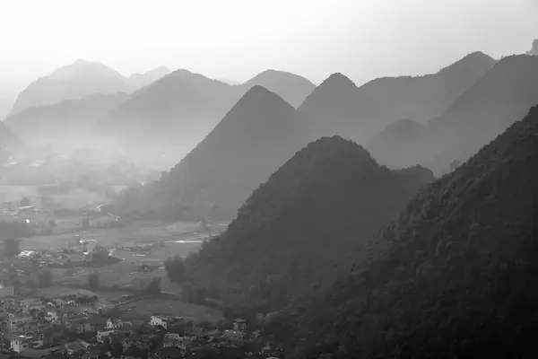 stock image Landscape of Bac Son valley around with houses on pitotis in the village mountains view in Lang Son, Vietnam