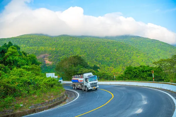 stock image Hai Van pass, Hue City, Vietnam - April 14th, 2024: Traveler on the dangerous curve on the Hai Van pass. Hai Van is the most spectacular highway in Vietnam.