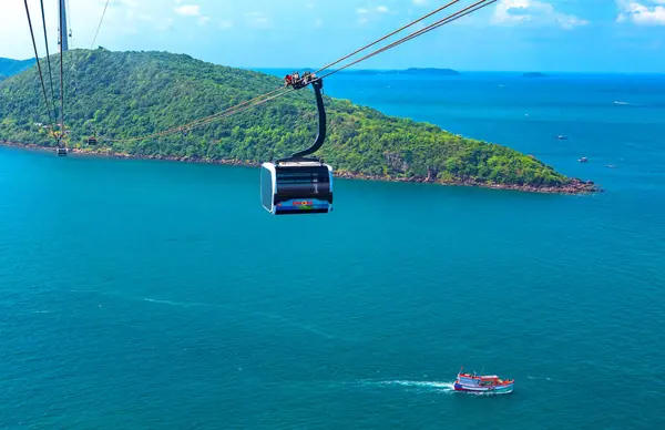 stock image Phu Quoc, Vietnam - April 21st 2024: View of longest cable car ride in the world, Phu Quoc island, Vietnam. Below is seascape with tropical islands and boats.