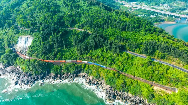 stock image Aerial view of train and railway on Hai Van pass, Bach Ma mountain, Hue, Vietnam